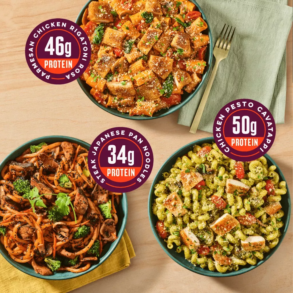 Rigatoni Rosa with Parmesan Crusted Chicken 46 gram protein, Basil Pesto Cavatappi with grilled chicken 50 gram protein, Japanese Pan noodles with Steak 34 gram protein