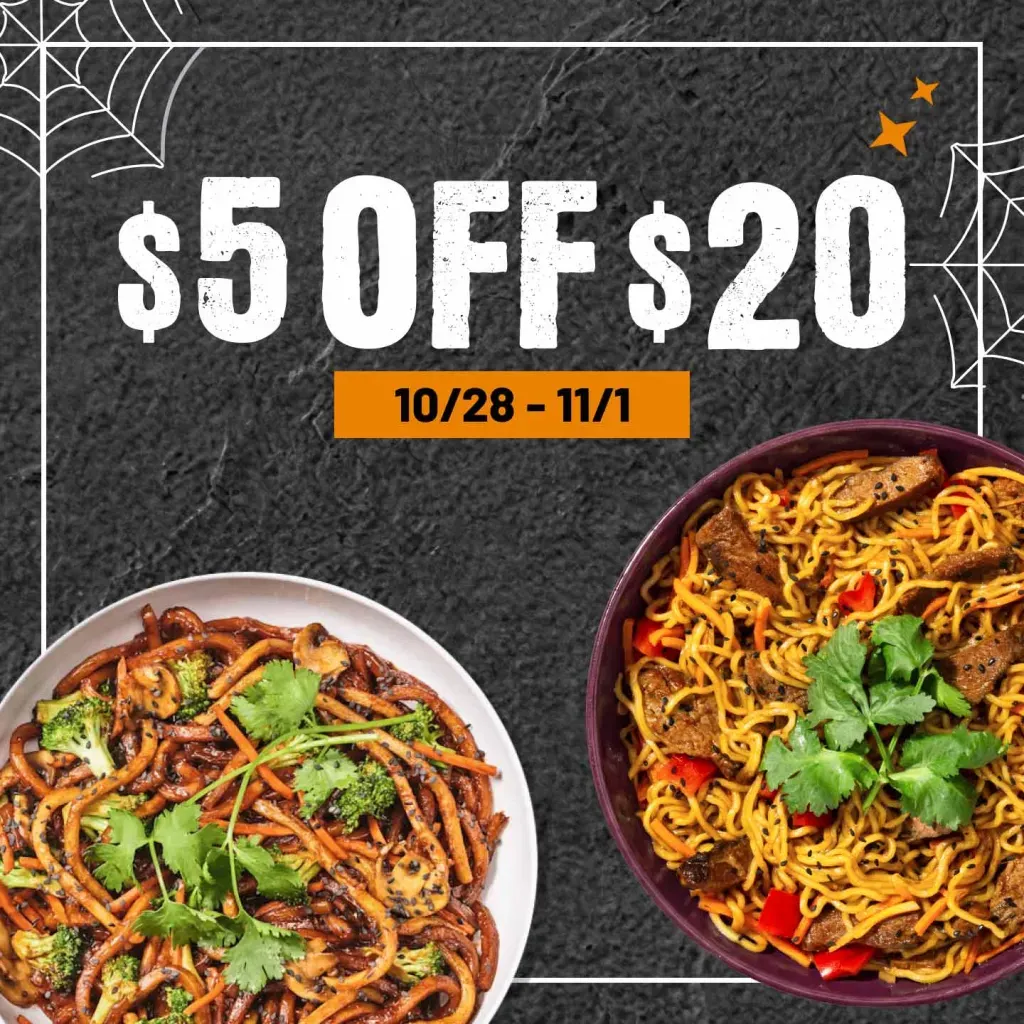 $5 off $20 10/28-11/1. Images of Sesame Steak Ramen and Japanese Pan Noodles