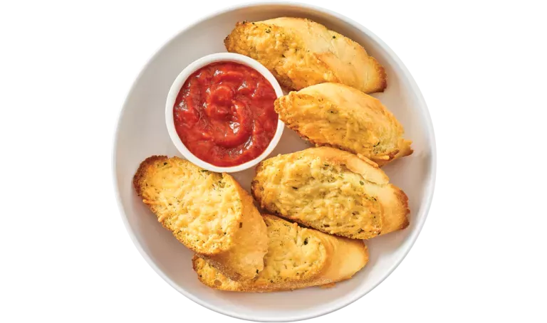 Five piece Cheesy Garlic Bread with a side of marinara sauce