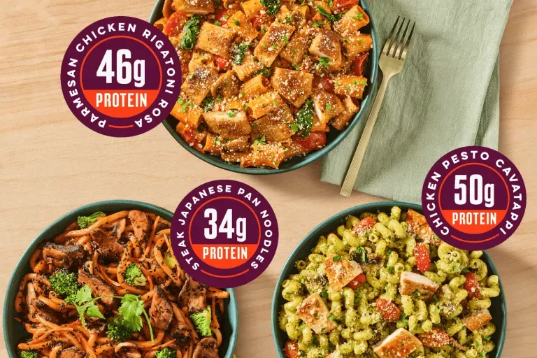 Rigatoni Rosa with Parmesan Crusted Chicken 46 gram protein, Basil Pesto Cavatappi with grilled chicken 50 gram protein, Japanese Pan noodles with Steak 34 gram protein