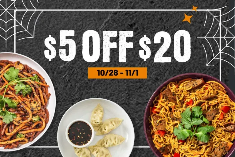 $5 off $20 10/28-11/1. Images of Sesame Steak Ramen, Potstickers and Japanese Pan Noodles