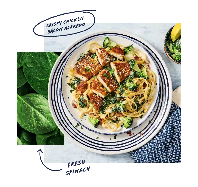 Caption of Crispy Chicken Bacon Alfredo with a caption of Fresh Spinach pointing to a picture of spinach. Plate of Crispy Chicken Bacon Alfredo is on a placemat