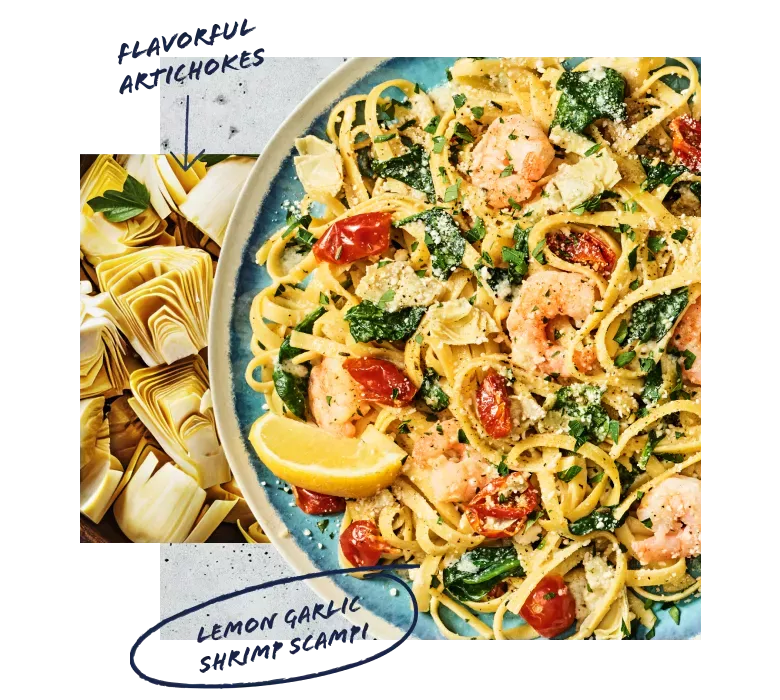 Caption of flavorful artichokes that is pointing to a photo of sliced artichokes. Caption of Lemon Garlic Shrimp Scampi pointing to a plate of Lemon Galic Shrimp Scampi.