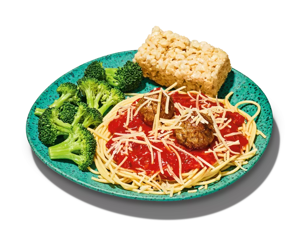 Kids Spaghetti and Meatballs with Broccoli and a Kids Rice Crispy.