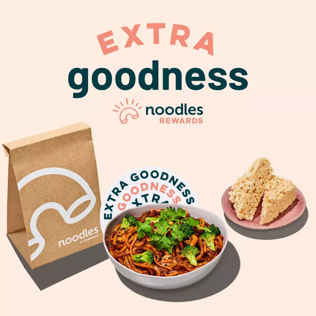 Extra goodness noodles rewards. Noodles delivery bag with a bowl of Japanese pan noodles and plate of two crispy desserts