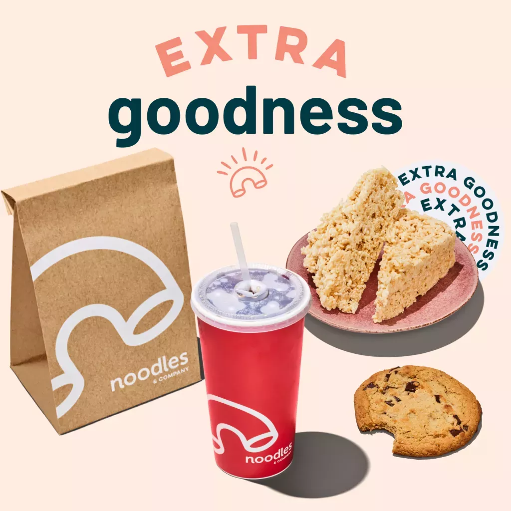 Extra Goodness logo with images of a delivery bag, fountain drink, Chocolate Chunk Cookie and Rice Crispy.