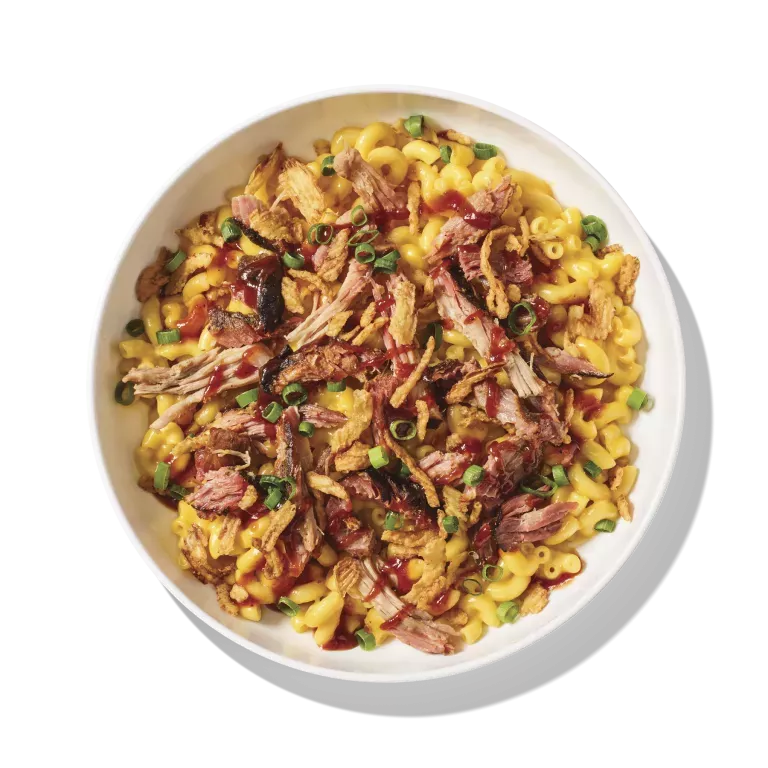 Dish of pulled pork BBQ mac