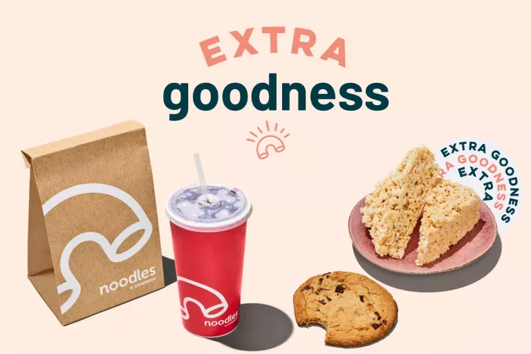 Extra Goodness logo with images of a delivery bag, fountain drink, Chocolate Chunk Cookie and Rice Crispy.