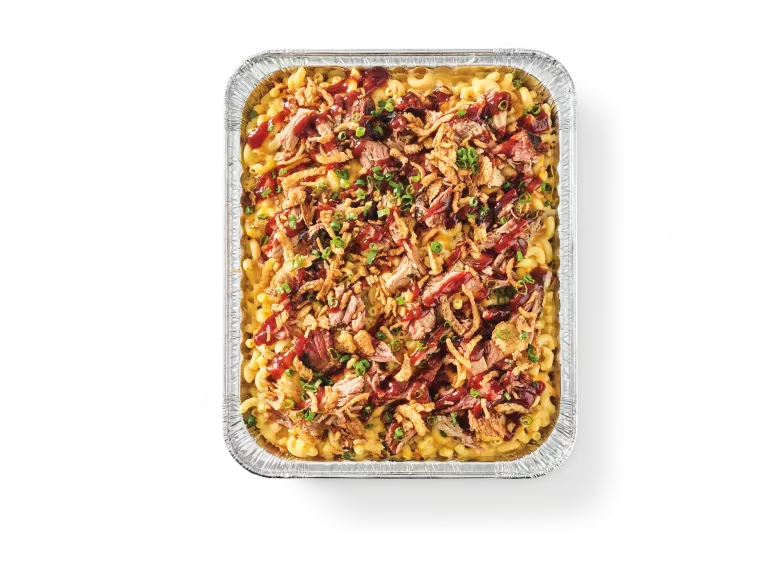 Pan of pulled pork bbq mac and cheese