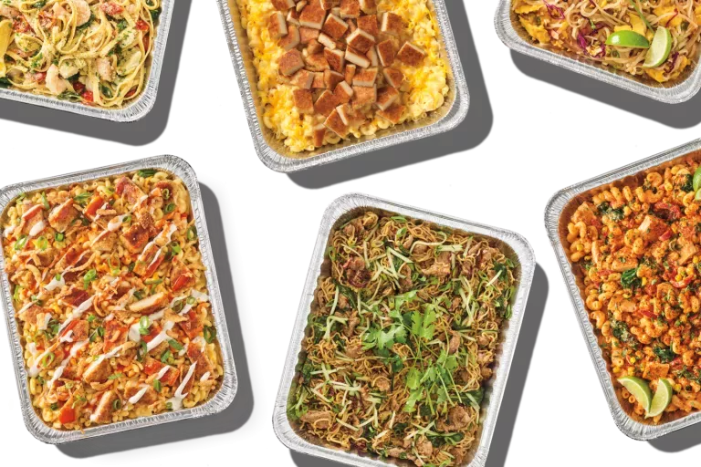 Six different Noodles & Company catering pan offerings